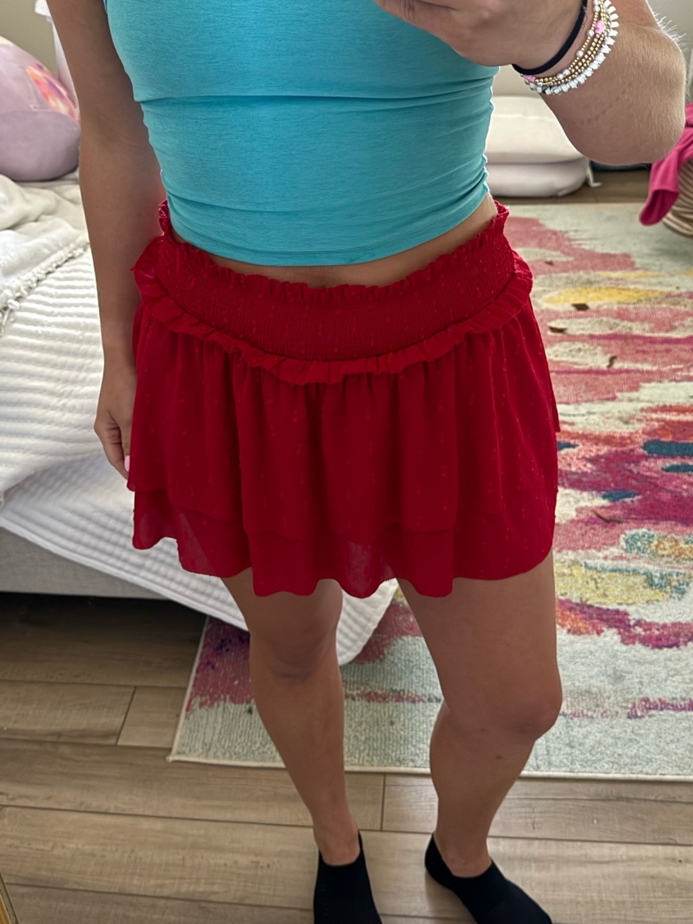 Planet Blue Red Smocked Waist Ruffled Mini Skirt